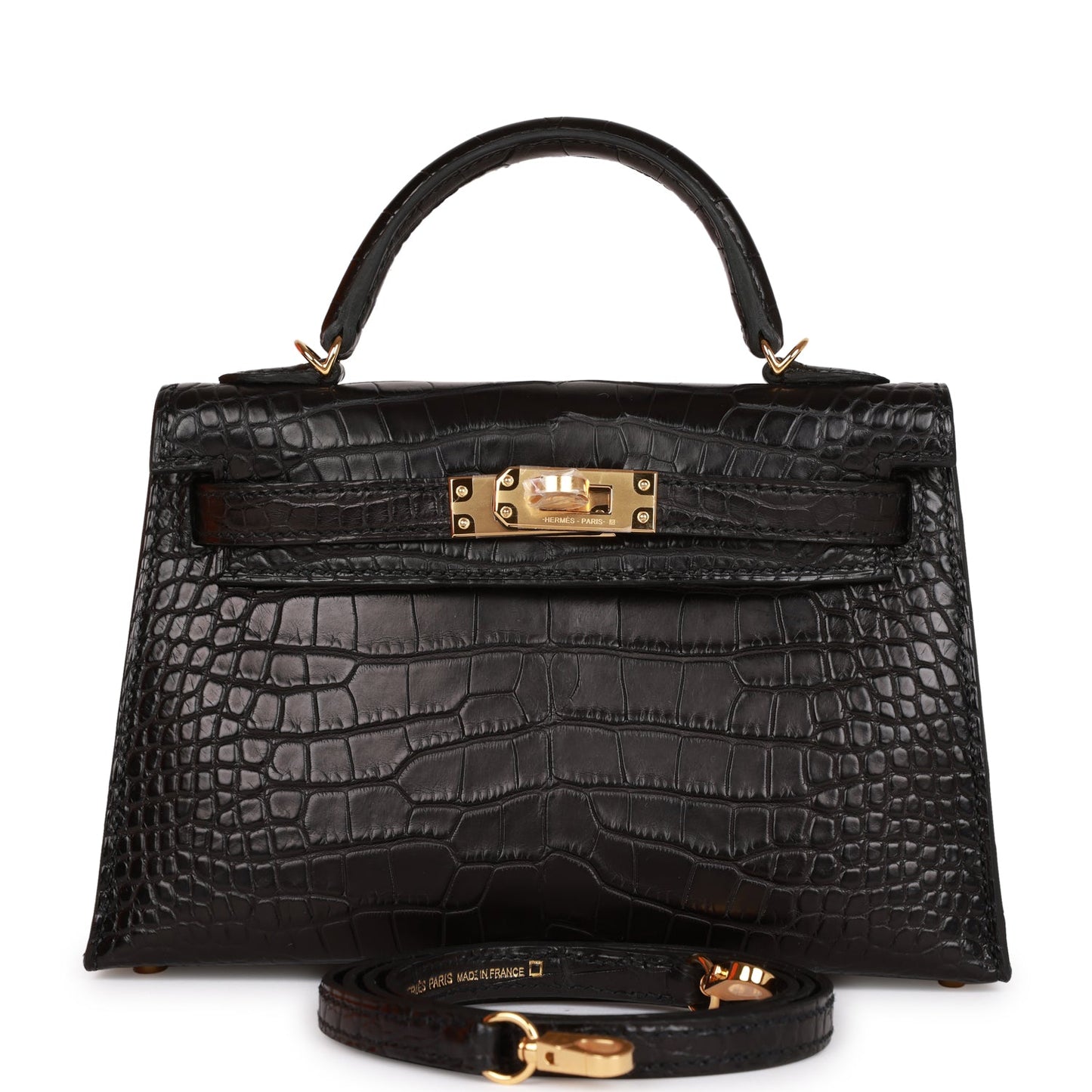 Hermes Kelly Sellier Matte Alligator Hardware Handbag Black Gold Travel Bag