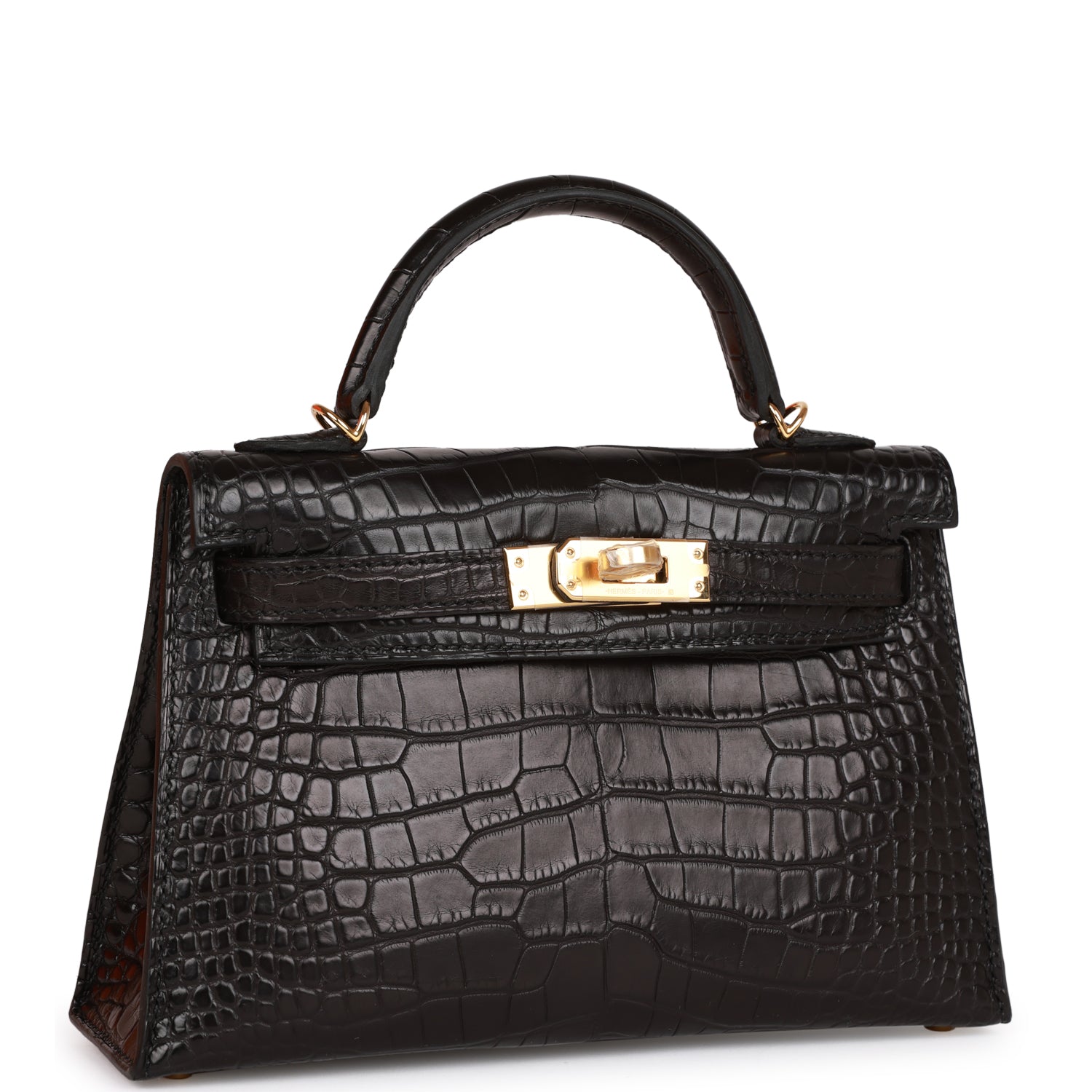 Hermes Kelly Sellier Matte Alligator Hardware Handbag Black Gold Travel Bag
