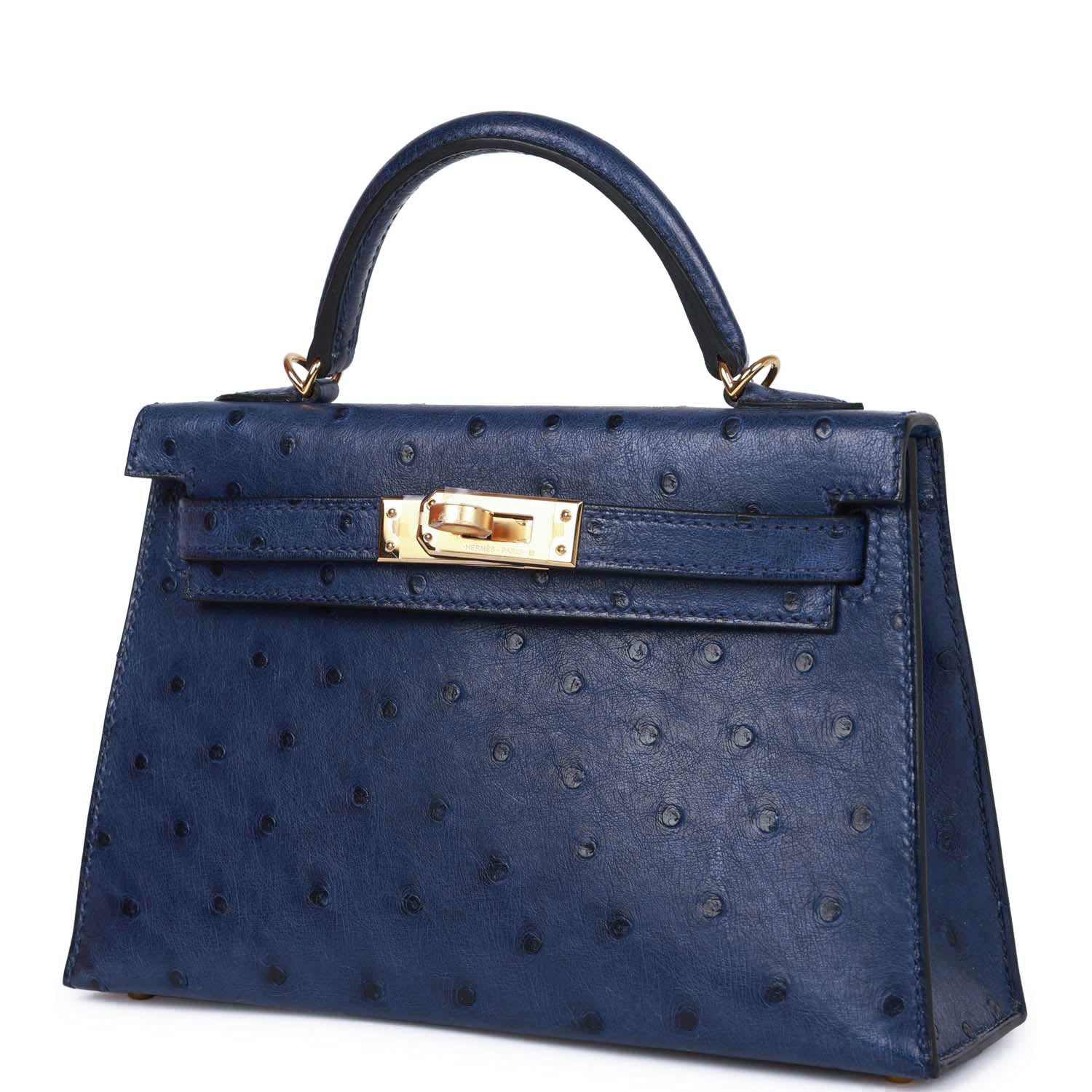 Hermes Kelly Bleu Saphir Ostrich Hardware Handbag Gold Travel Bag