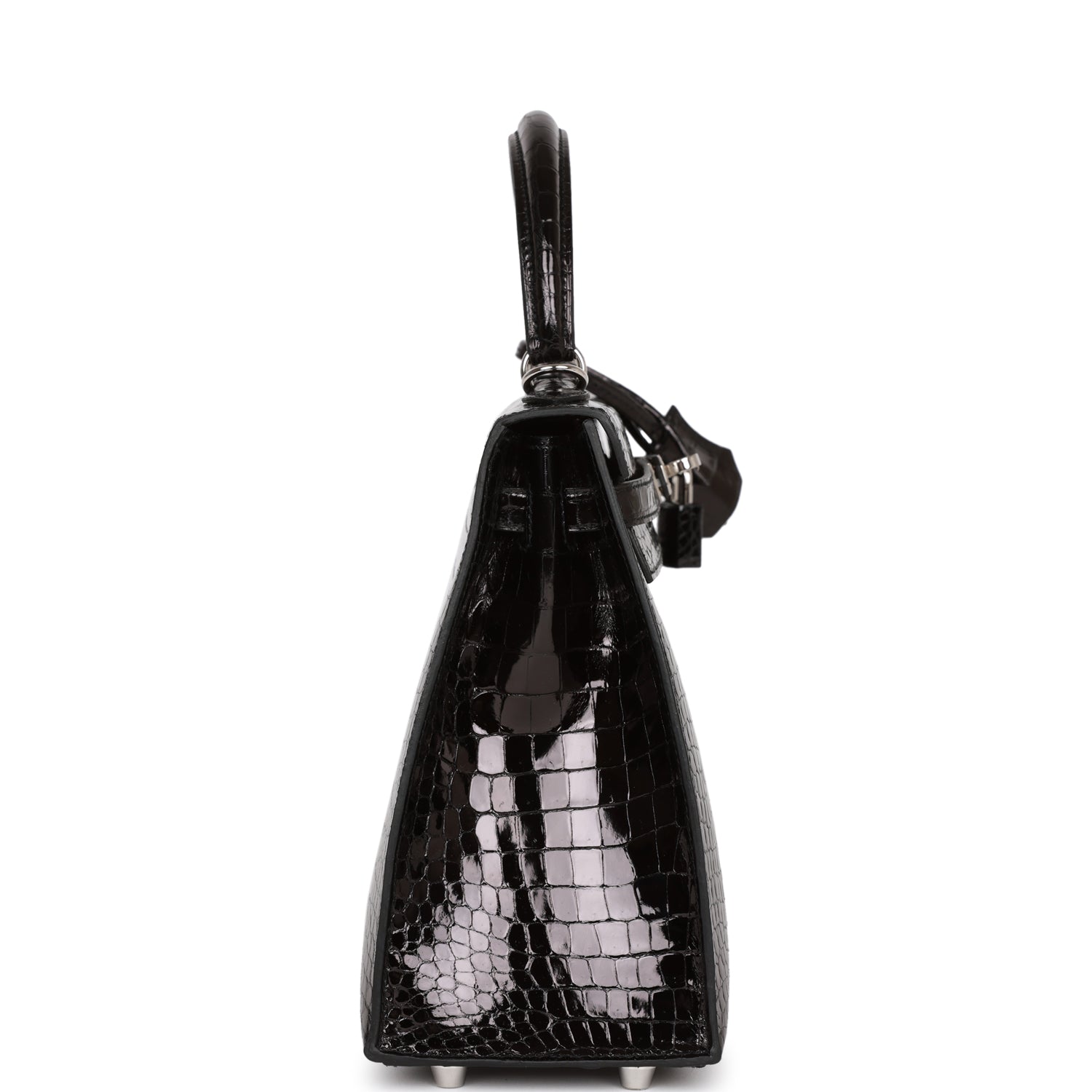 Hermes Kelly Sellier Shiny Porosus Crocodile Palladium Hardware Black Travel Bag