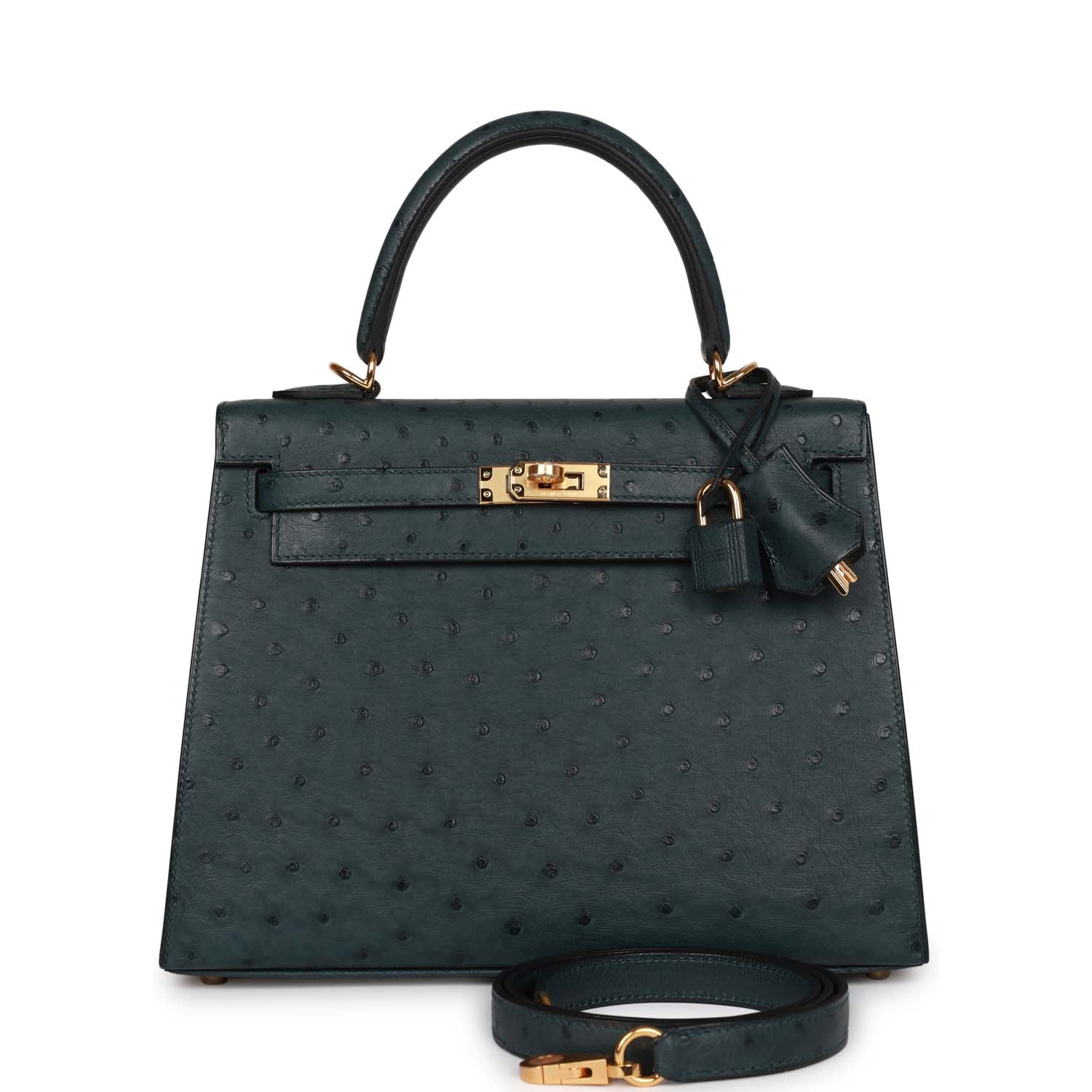 Hermes Kelly Sellier Vert Cypress Ostrich Hardware Handbag Gold Travel Bag