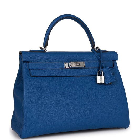 Hermes Kelly Retourne Bleu France Togo Palladium Hardware Handbag Travel Bag