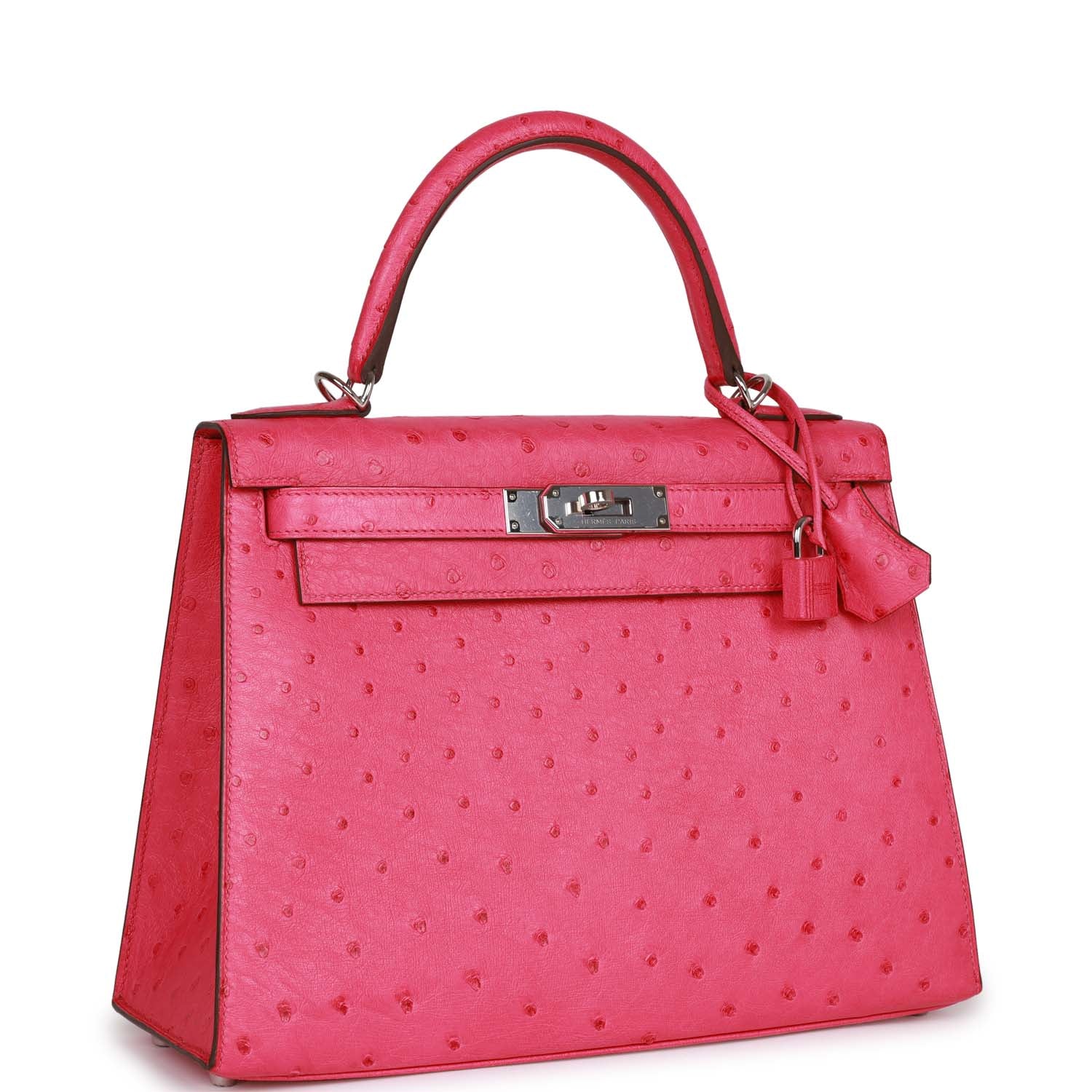Hermes Kelly Sellier Rose Tyrien Ostrich Palladium Hardware Travel Bag