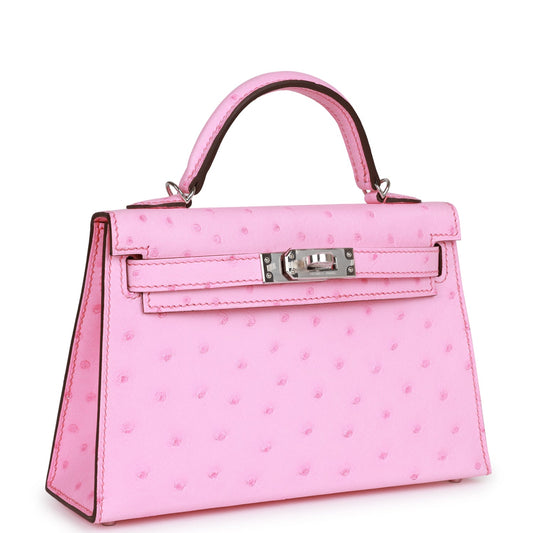 Hermes Kelly Sellier Bubblegum Ostrich Palladium Hardware Handbag Travel Bag