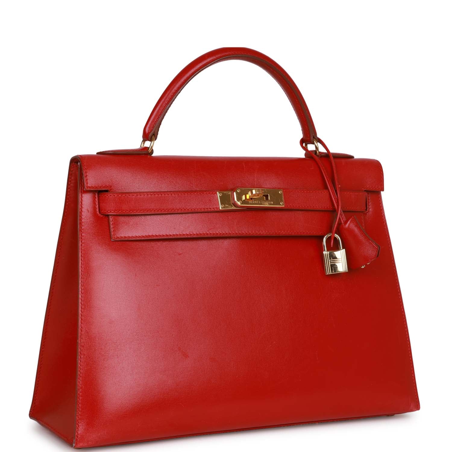 Hermes Kelly Sellier Rouge Vif Box Hardware Handbag Gold Travel Bag