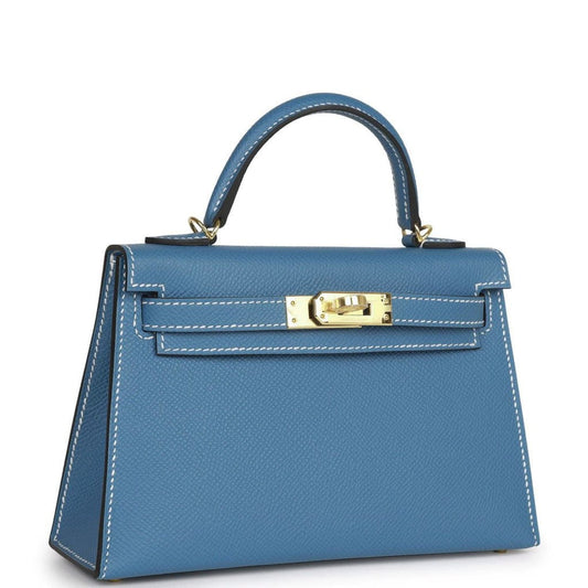 Hermes Kelly Sellier Jean Epsom Hardware Handbag Blue Gold Travel Bag