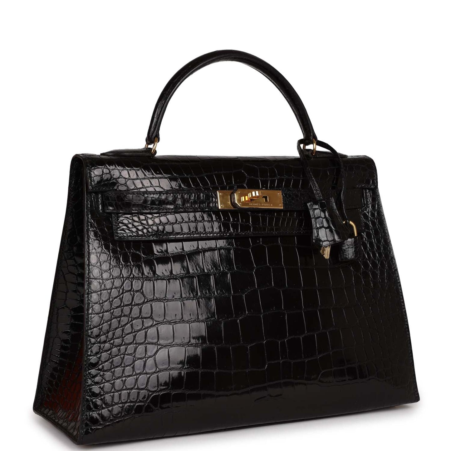 Hermes Kelly Sellier Shiny Niloticus Crocodile Hardware Handbag Black Gold Travel Bag