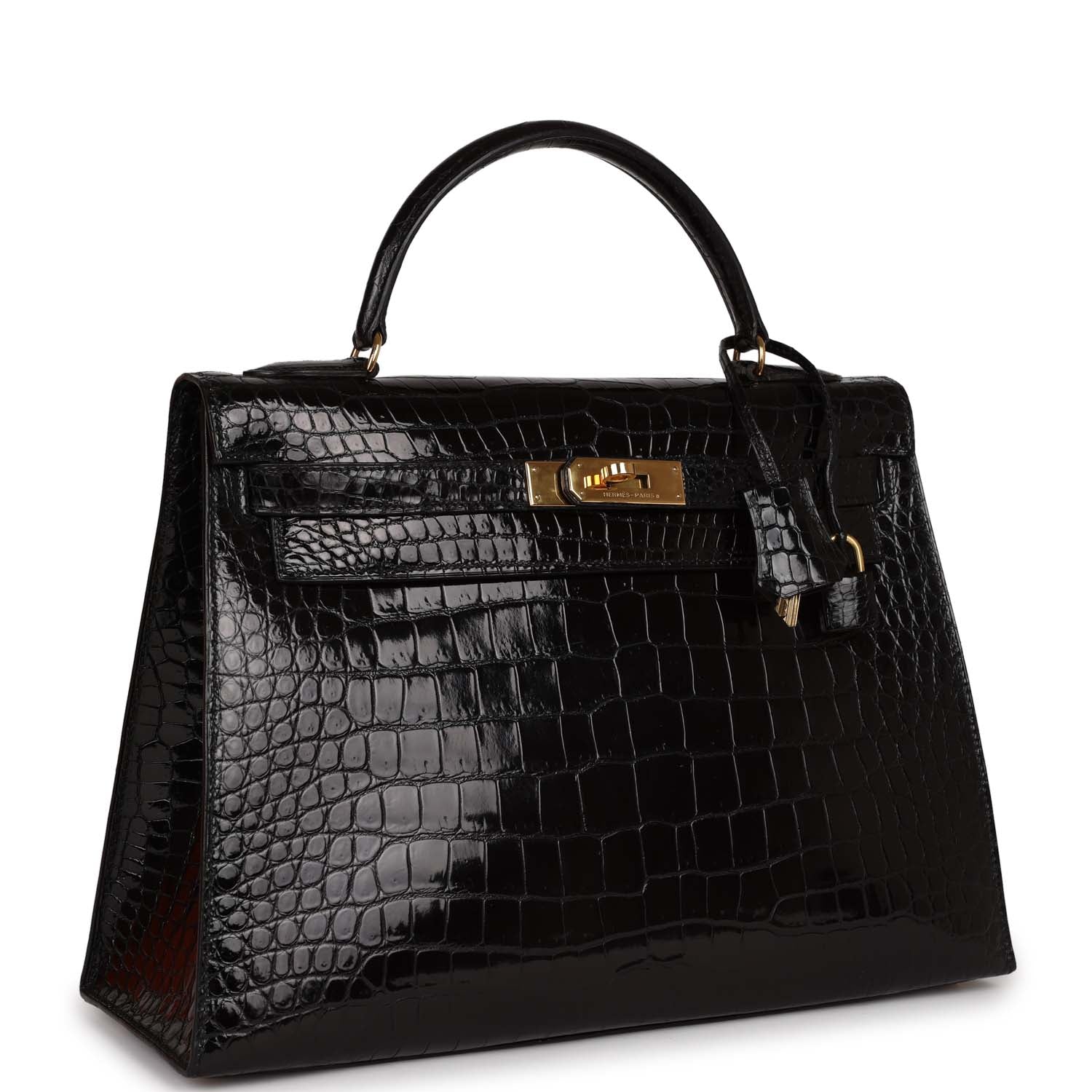 Hermes Kelly Sellier Shiny Niloticus Crocodile Hardware Handbag Black Gold Travel Bag