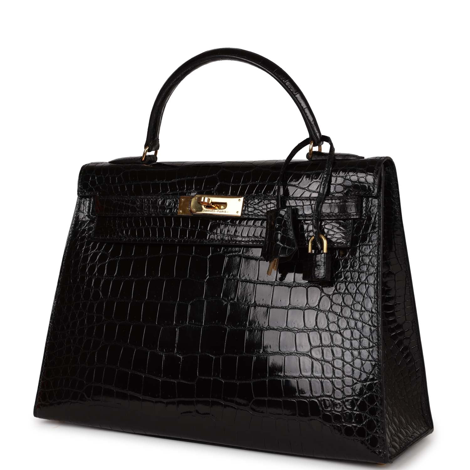 Hermes Kelly Sellier Shiny Niloticus Crocodile Hardware Handbag Black Gold Travel Bag