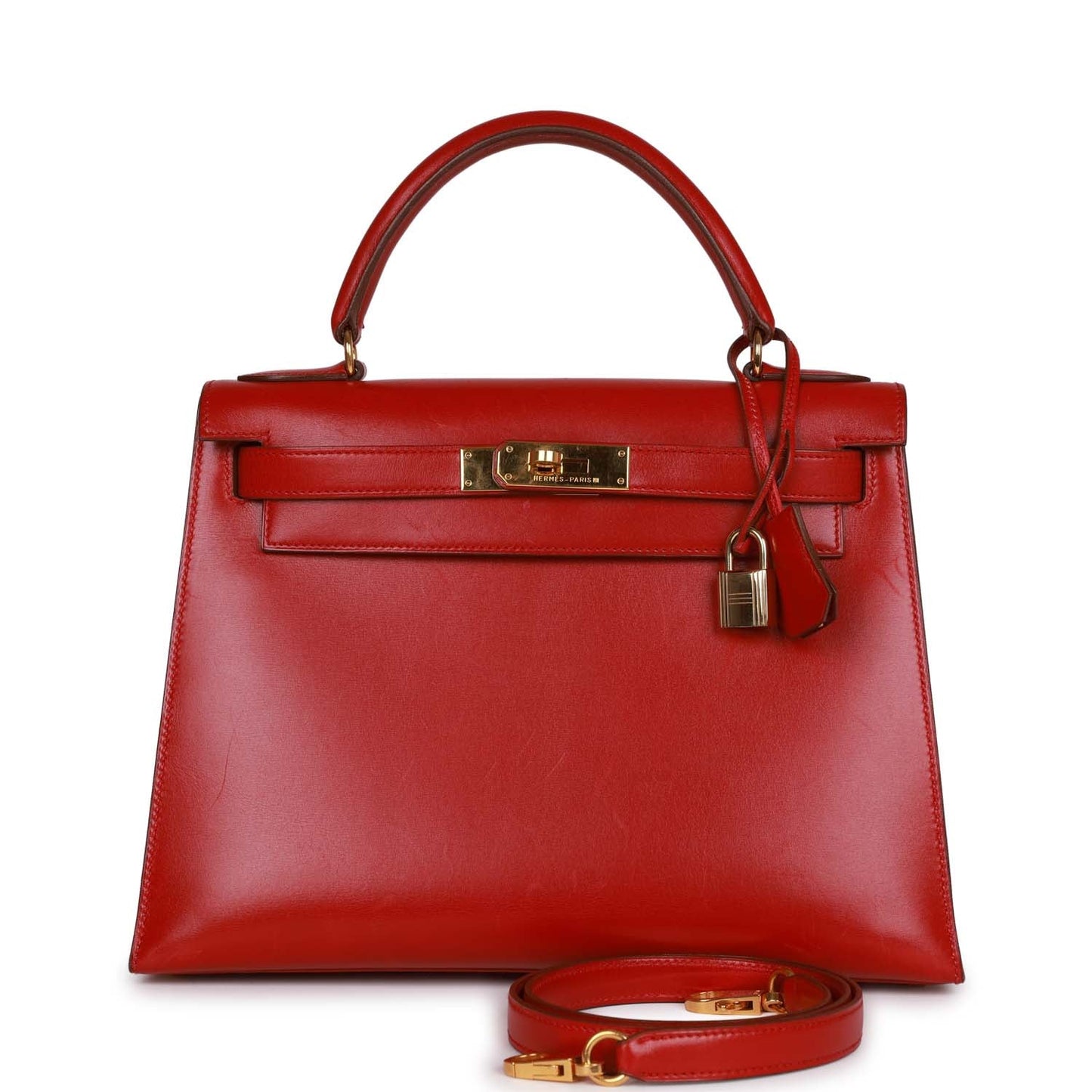 Hermes Kelly Sellier Rouge Vif Box Hardware Handbag Gold Travel Bag
