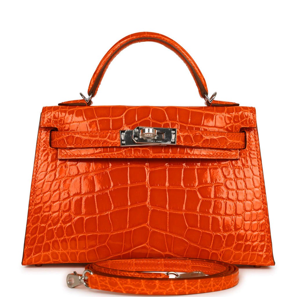 Hermes Kelly Sellier Orange Poppy Shiny Alligator Palladium Travel Bag