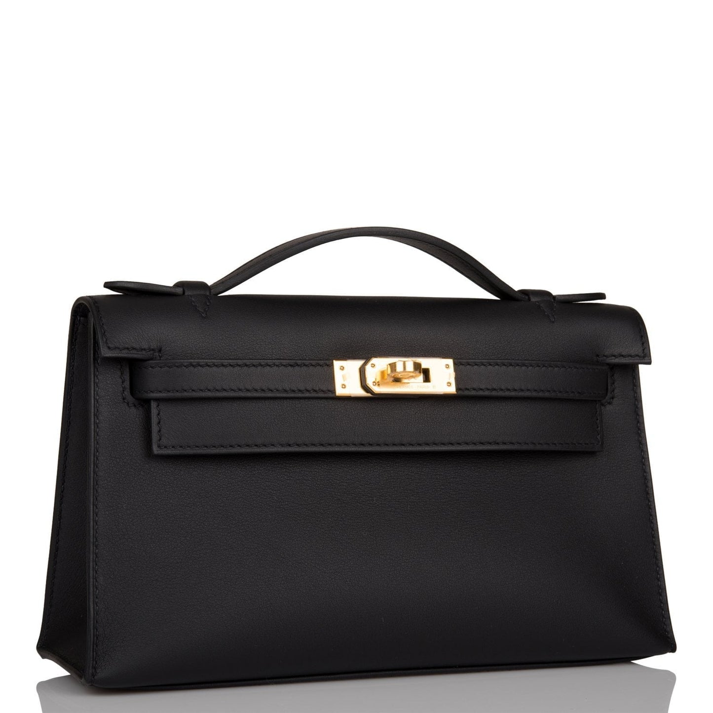 Hermes Kelly Pochette Swift Hardware Clutch Bag Black Gold Gold Hardware