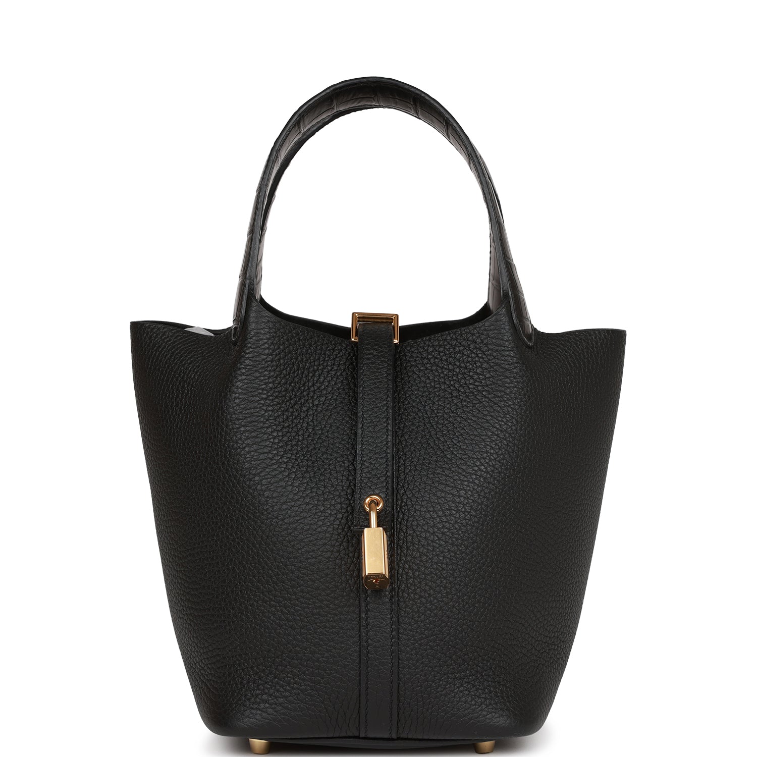 Hermes Picotin Lock Matte Alligator And Clemence Touch Black Gold Travel Bag Gold Hardware