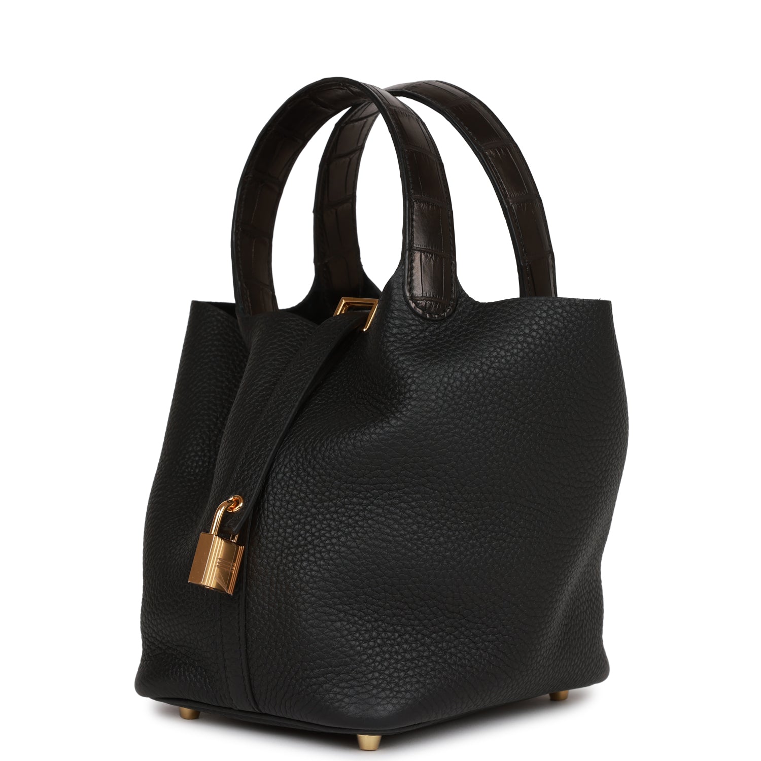 Hermes Picotin Lock Matte Alligator And Clemence Touch Black Gold Travel Bag