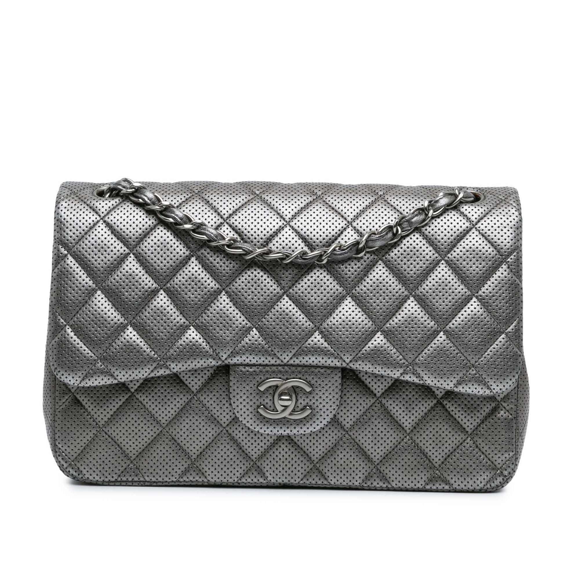 Silver Chanel Jumbo Classic Perforated Lambskin Double Flap Shoulder Bag