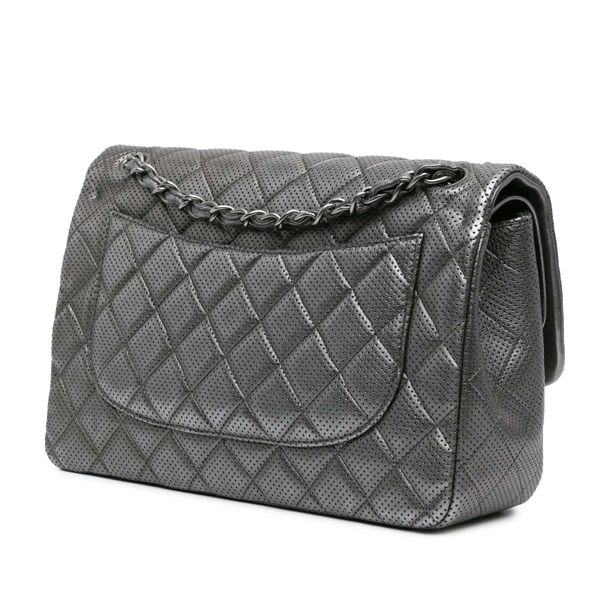 Silver Chanel Jumbo Classic Perforated Lambskin Double Flap Shoulder Bag