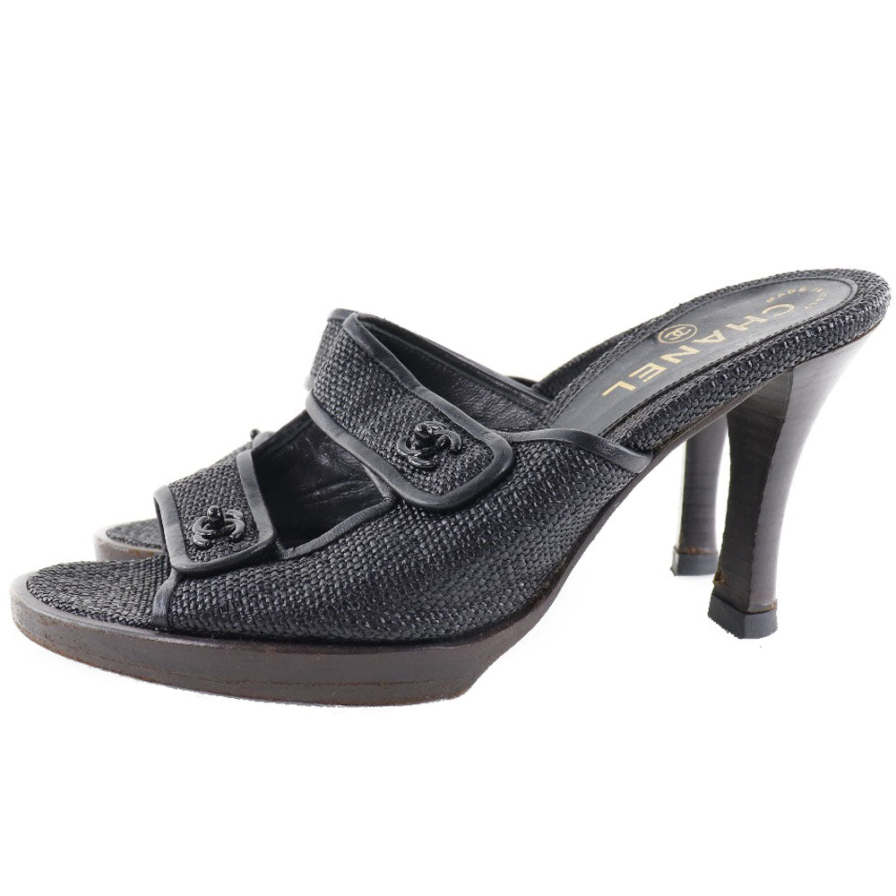 CHANEL Mule leather black double belt Turn lock COCO Mark Women 36  