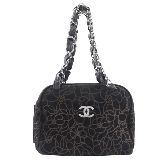 Chanel Suede ChainShoulder Camelia Black Shoulder Bag