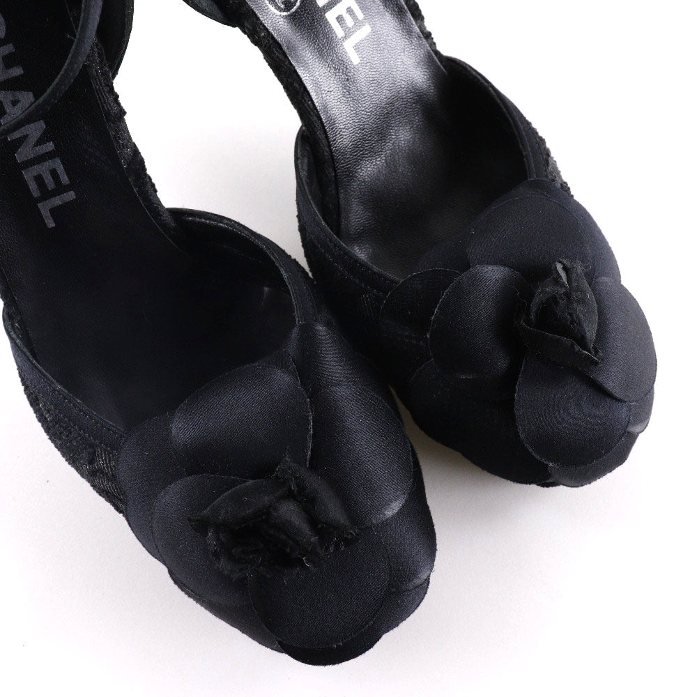 CHANEL Sandals Satin black Ankle strap Camelia Women 35 1/2  
