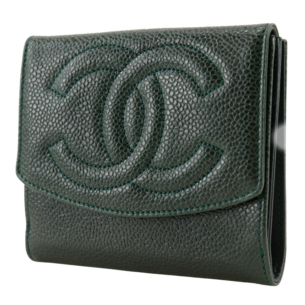 CHANEL Bifold Wallet A13496 Caviar skin Deep green COCO Mark Women