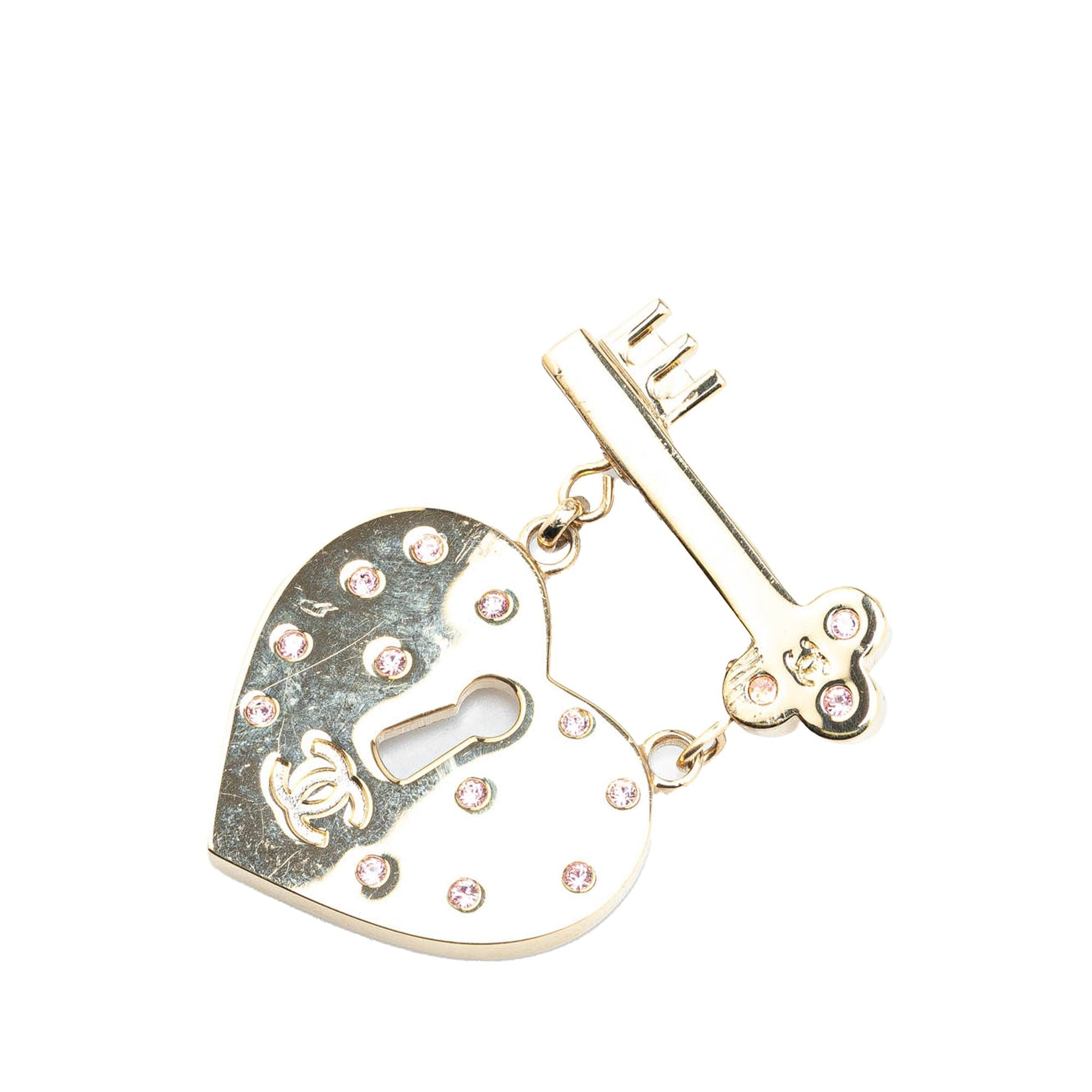 Gold Chanel Gold Plated Heart Lock and Key Brooch Pin