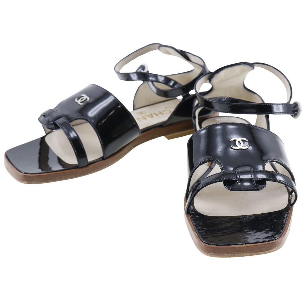 CHANEL Sandals Patent leather black Ankle strap flat COCO Mark Women 36 1/2  