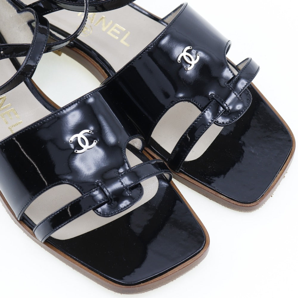 CHANEL Sandals Patent leather black Ankle strap flat COCO Mark Women 36 1/2  