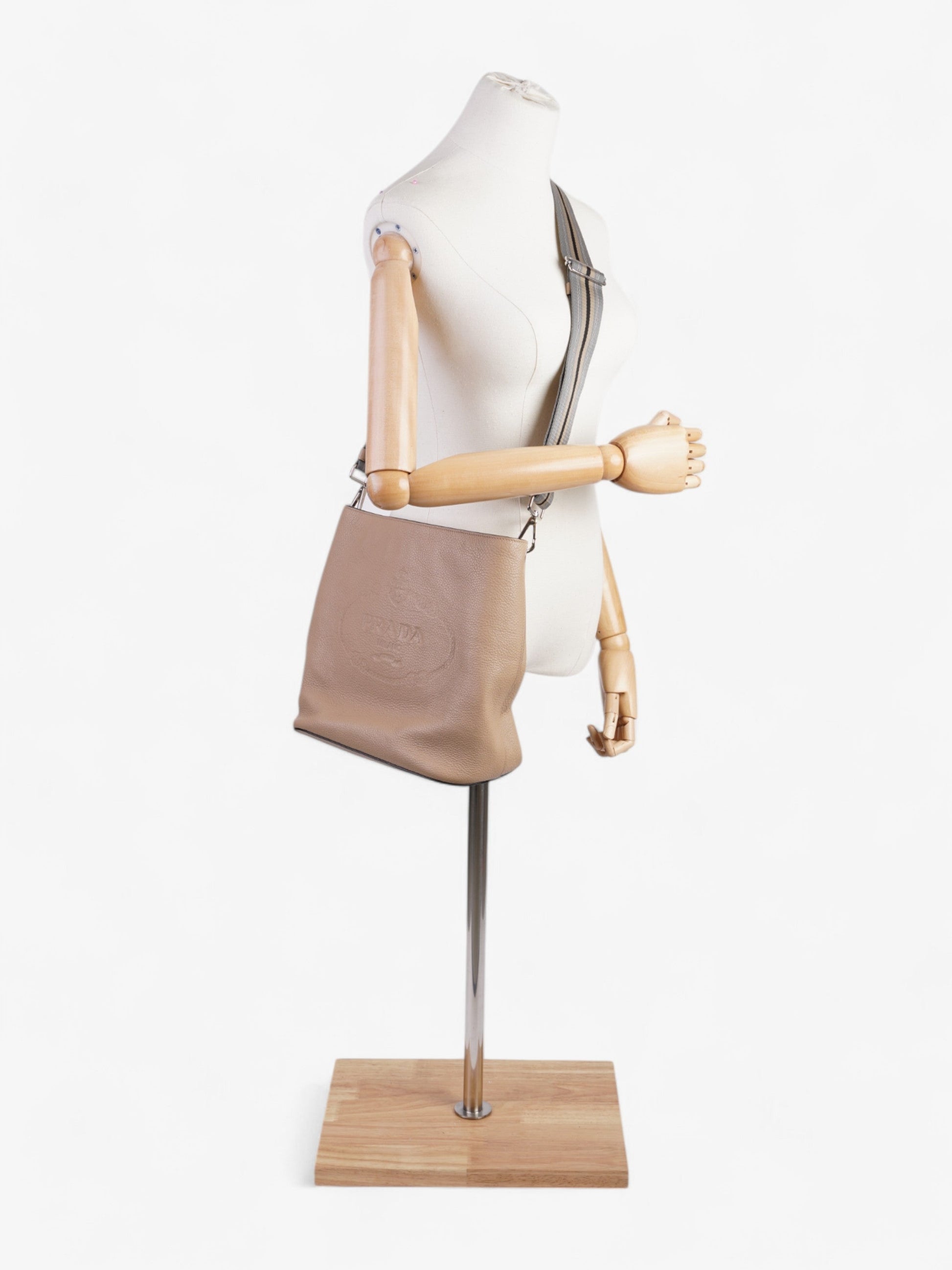 Prada Prada Logo Bucket Bag Neutral Leather Medium Crossbody Bag