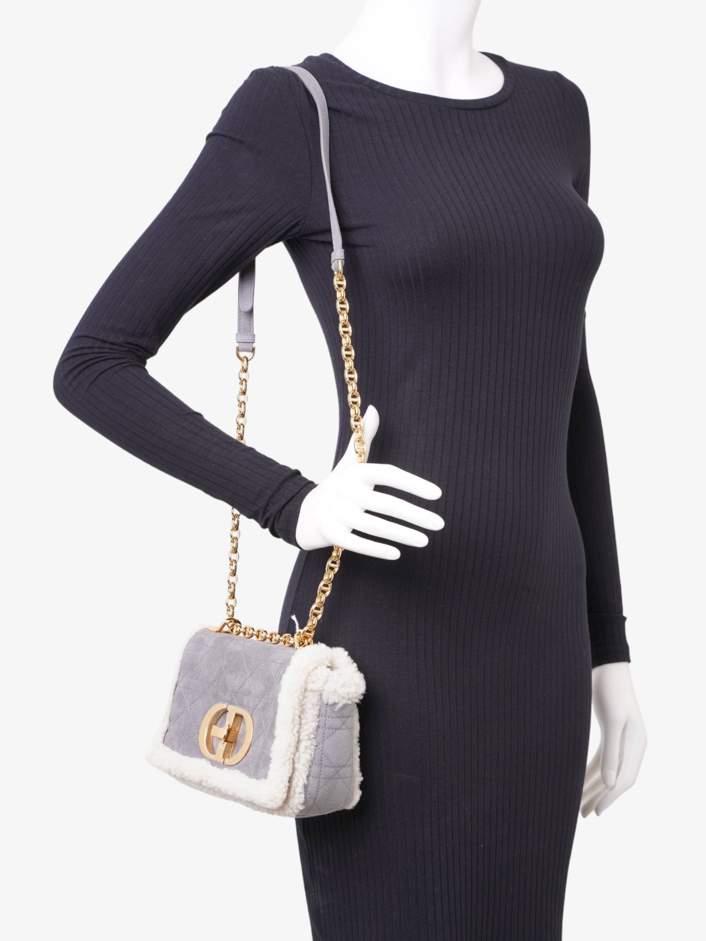 Dior Christian Caro Grey Shearling Crossbody Bag Gray Cream Small