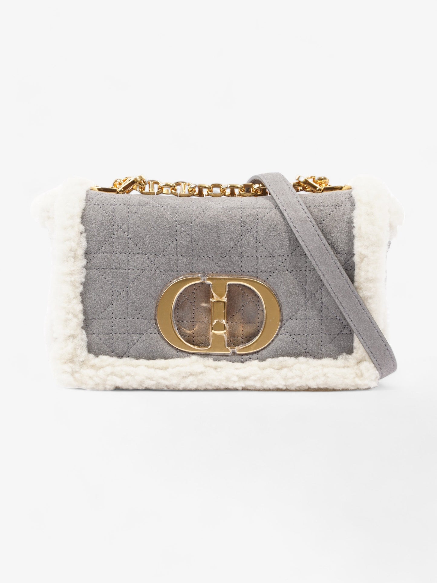 Dior Christian Caro Grey Shearling Crossbody Bag Gray Cream Small