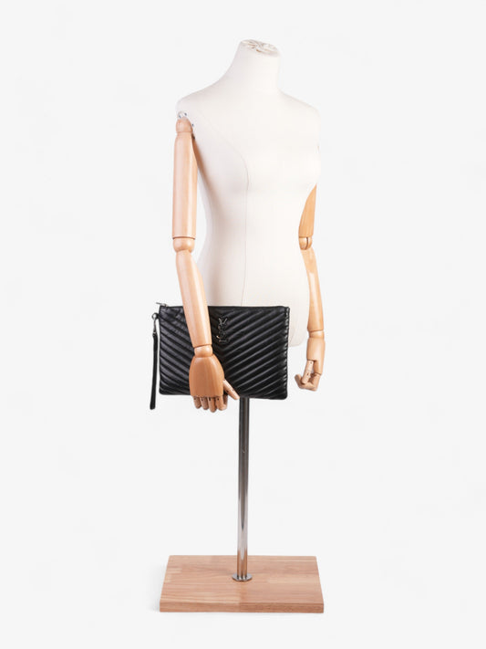 YSL Saint Laurent Cassandre Wristlet Tablet Pouch Clutch Bag Leather Matelasse Black