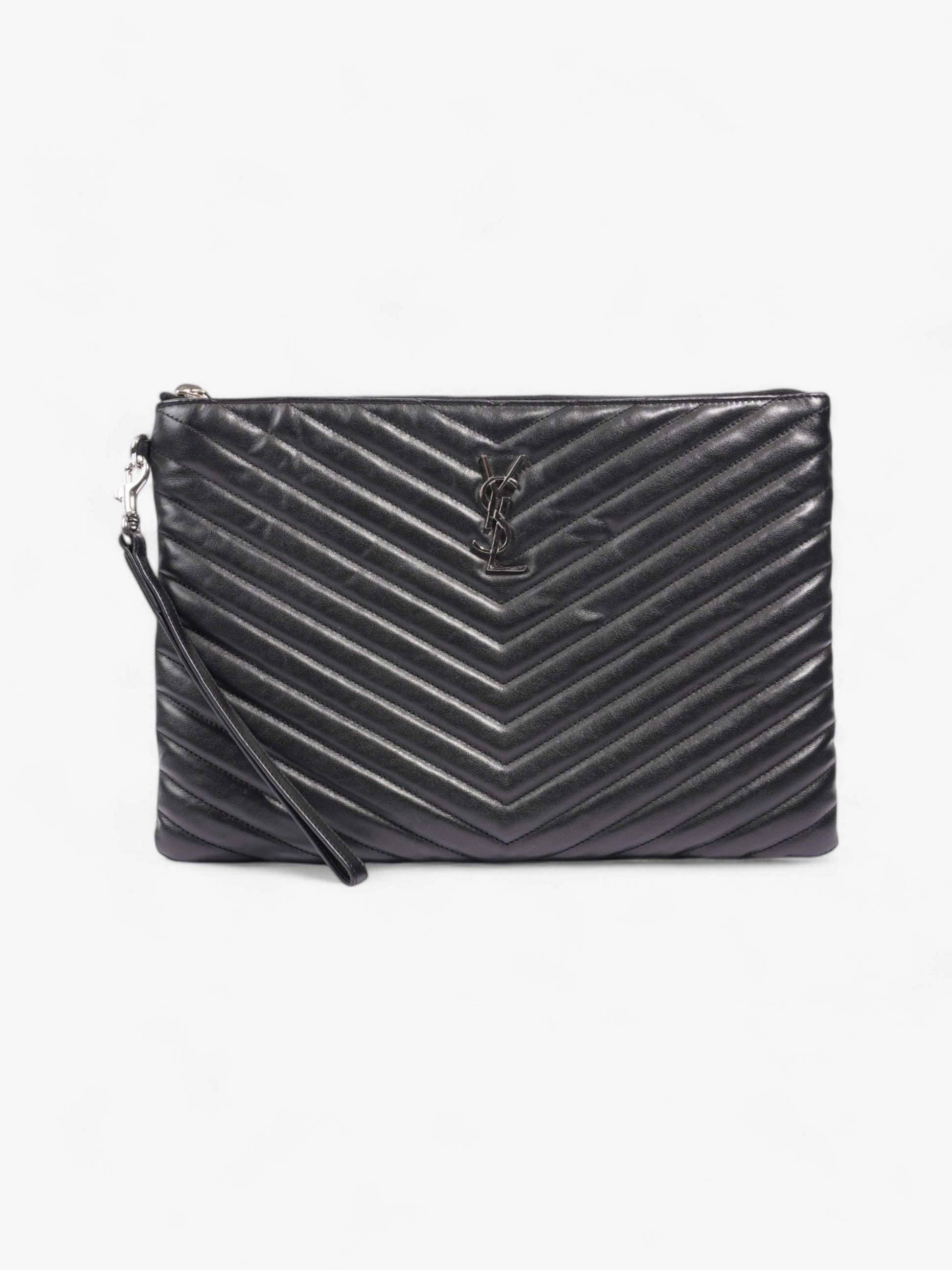 YSL Saint Laurent Cassandre Wristlet Tablet Pouch Clutch Bag Leather Matelasse Black