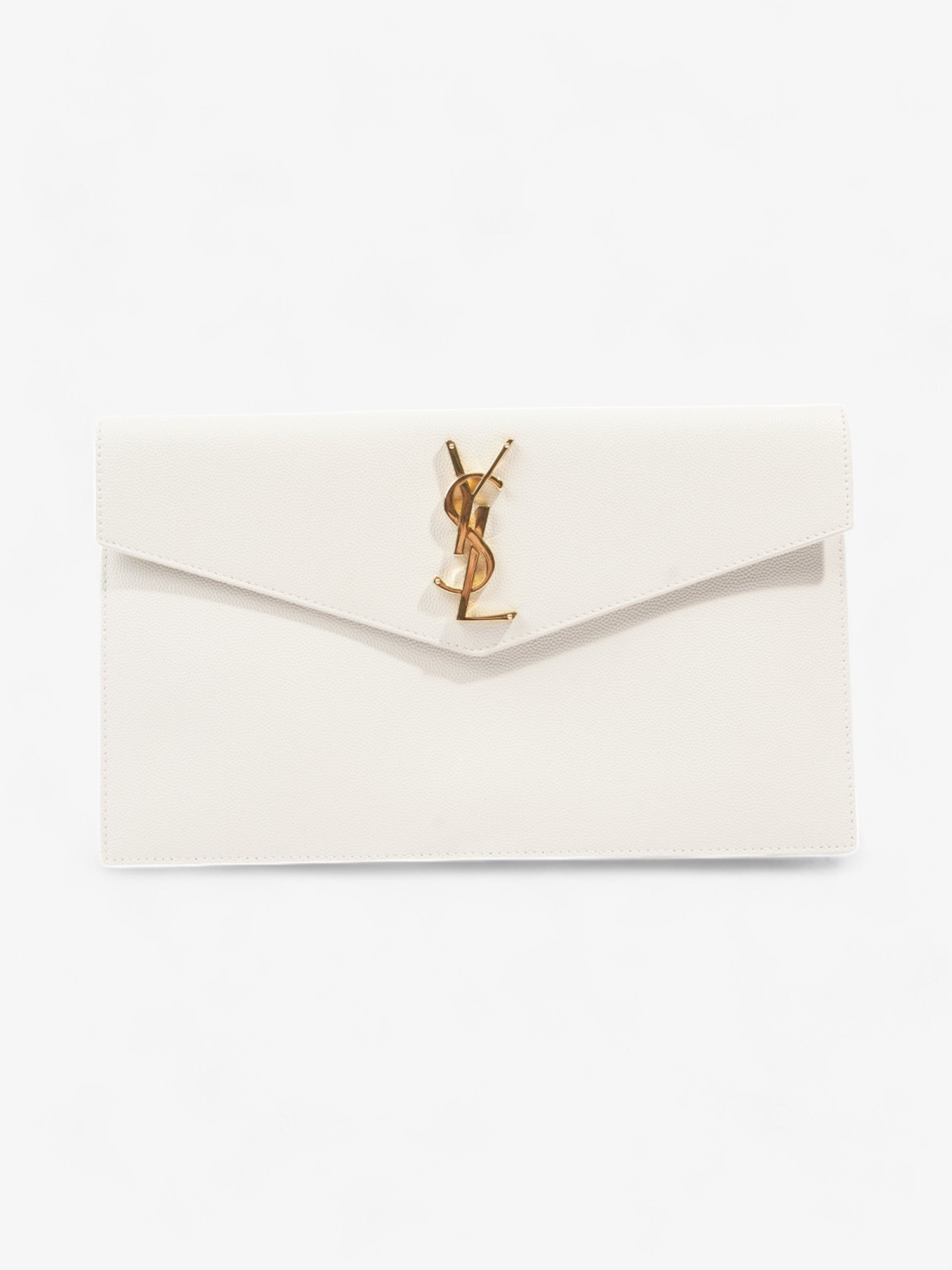 YSL Saint Laurent Uptown Clutch Grained Leather White Medium Clutch Bag