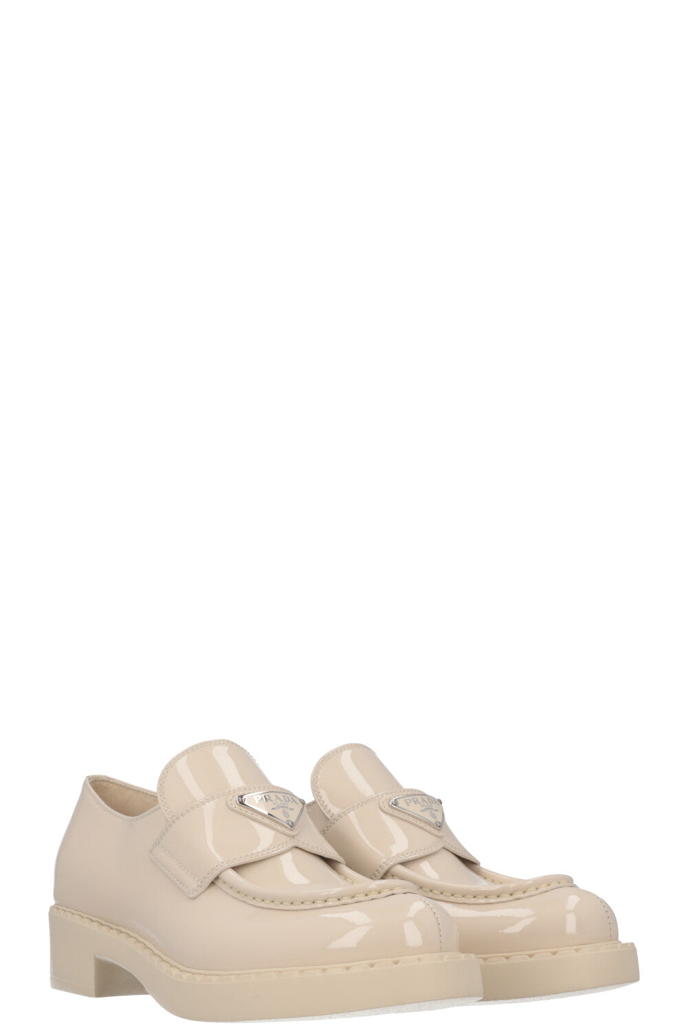 Prada Triangle Loafers Ivory Patent Logo Shoes