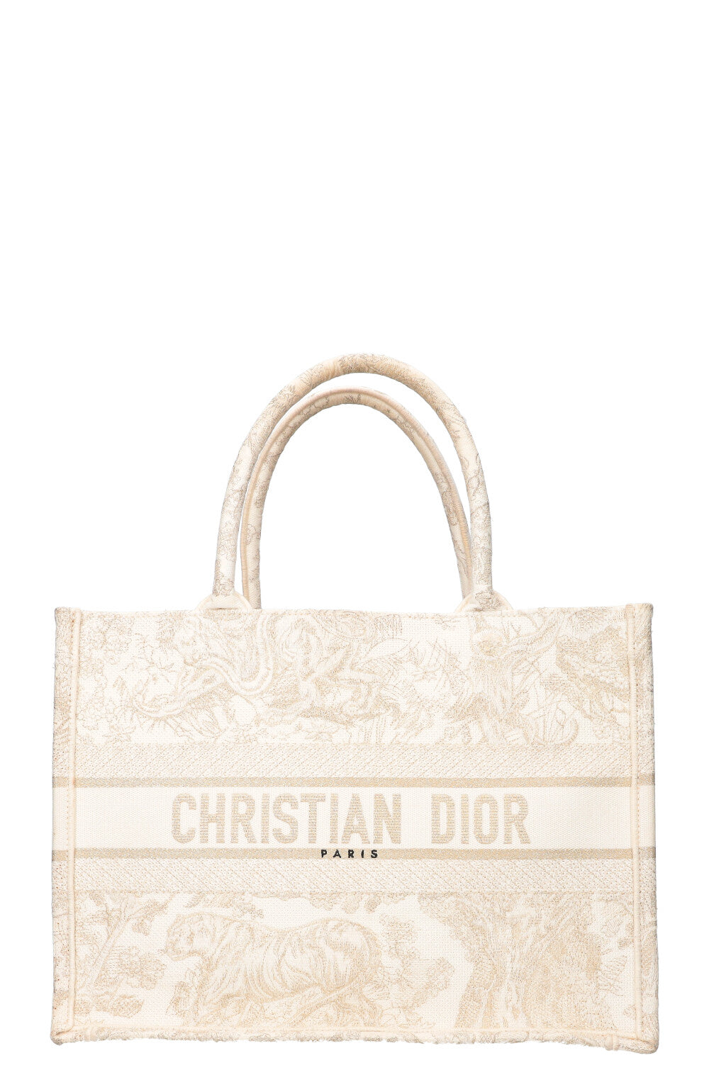 Dior Tote Bag Book Tote Toile de Jouy Embroidery White Gold Medium