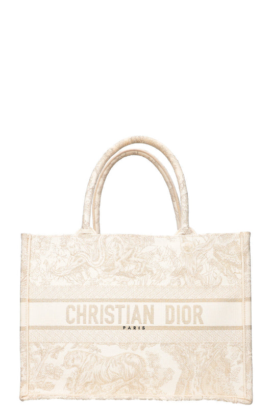 Dior Tote Bag Book Tote Toile de Jouy Embroidery White Gold Medium