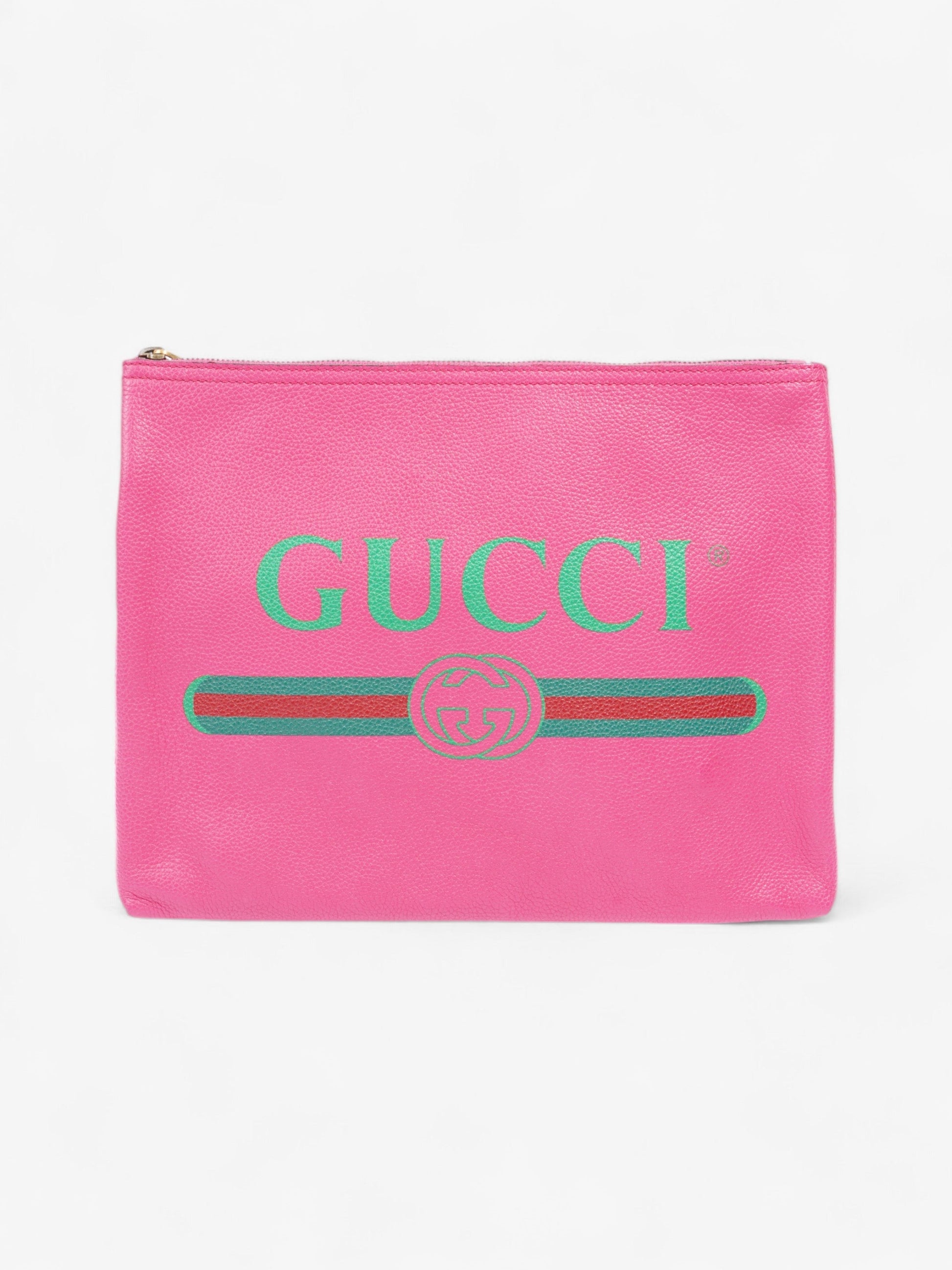 Gucci Logo Clutch Neon Green Grained Leather Red Clutch Bag