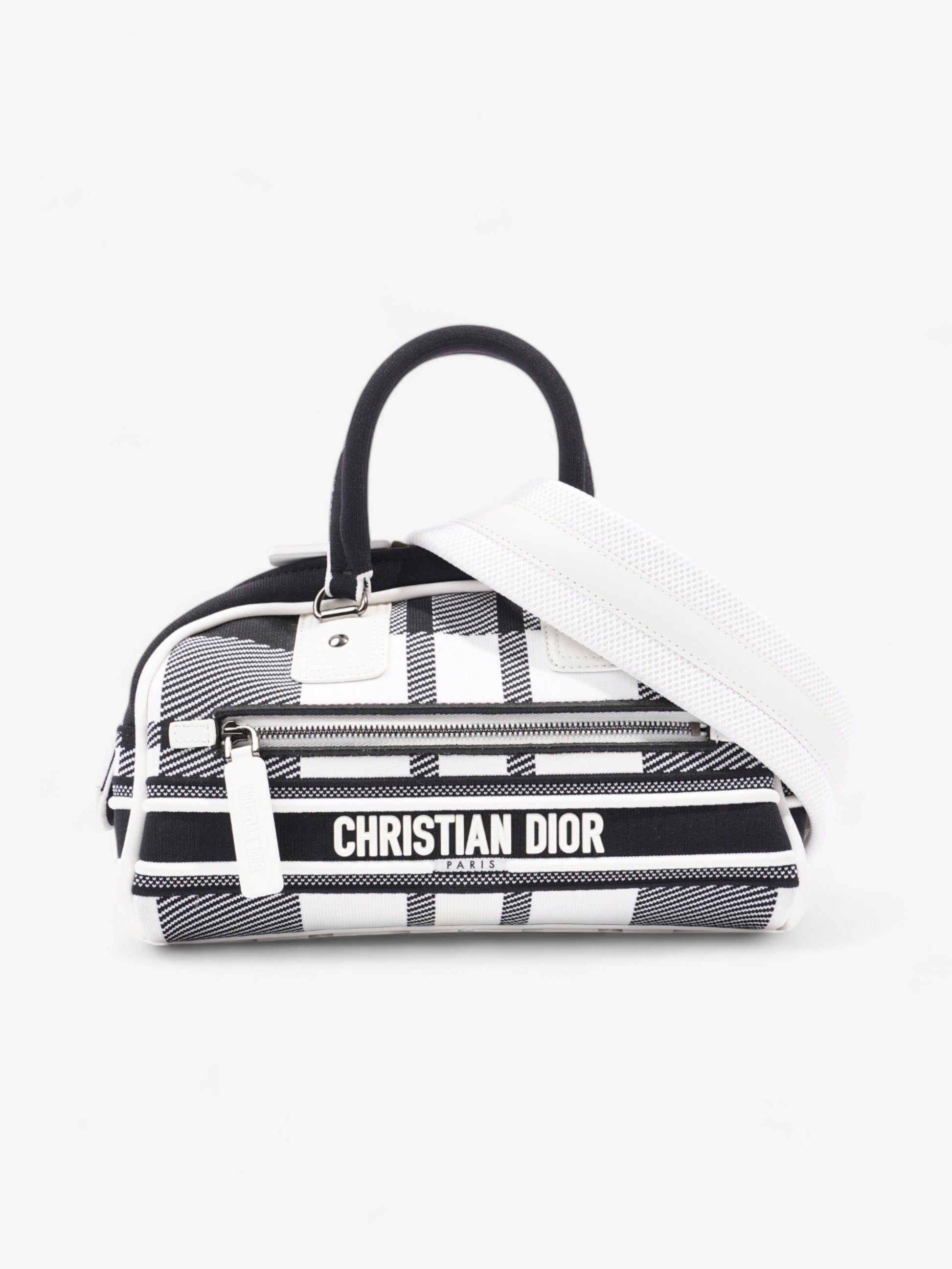 Dior Christian Vibe Bowling Bag Cloth Black White Zip Shoulder Bag