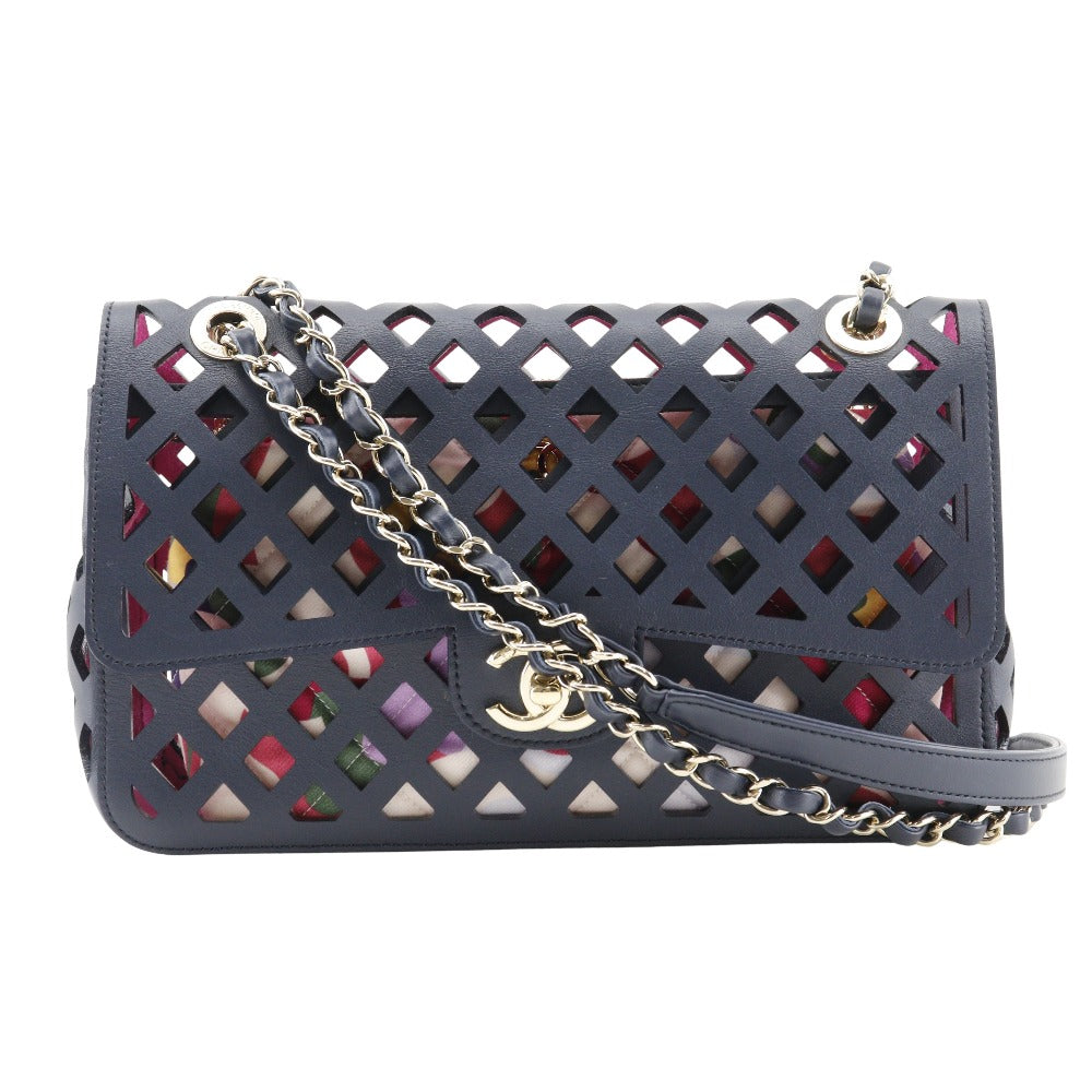 Chanel Calfskin Navy punching ChainShoulder Blue Shoulder Bag