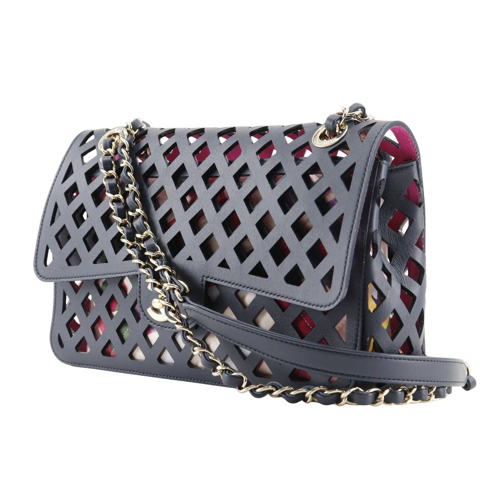 Chanel Calfskin Navy punching ChainShoulder Blue Shoulder Bag