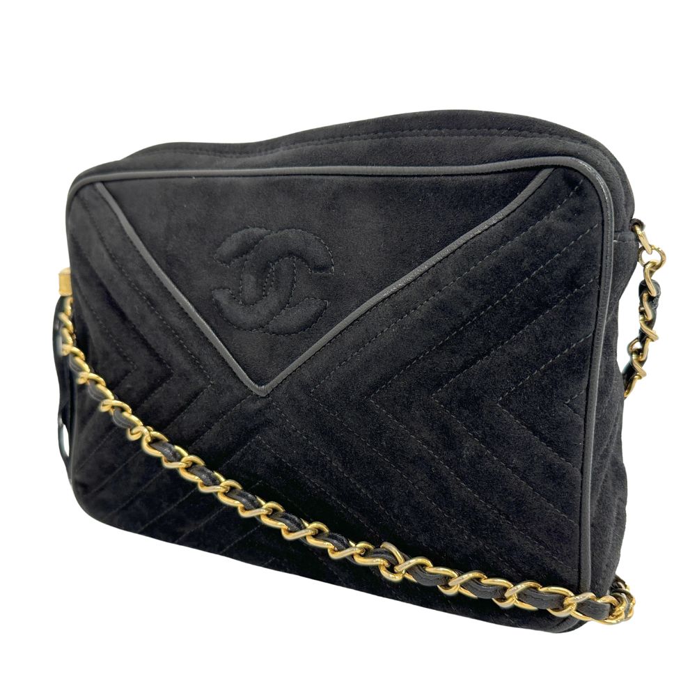 Chanel Suede Vstitch ChainShoulder Black Shoulder Bag