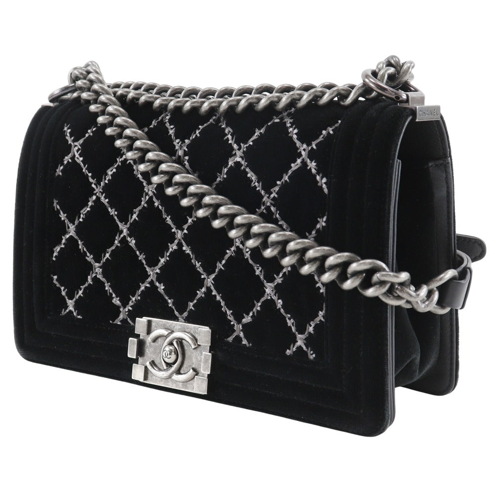 Chanel Velour Matelasse stitch ChainShoulder Boy 25 Black Leather Shoulder Bag