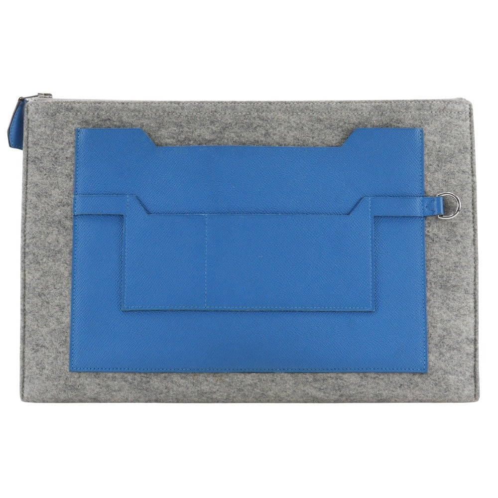 Hermes Clutch Bag Felt Epsom Too Doo Unisex Unisex Blue Gray