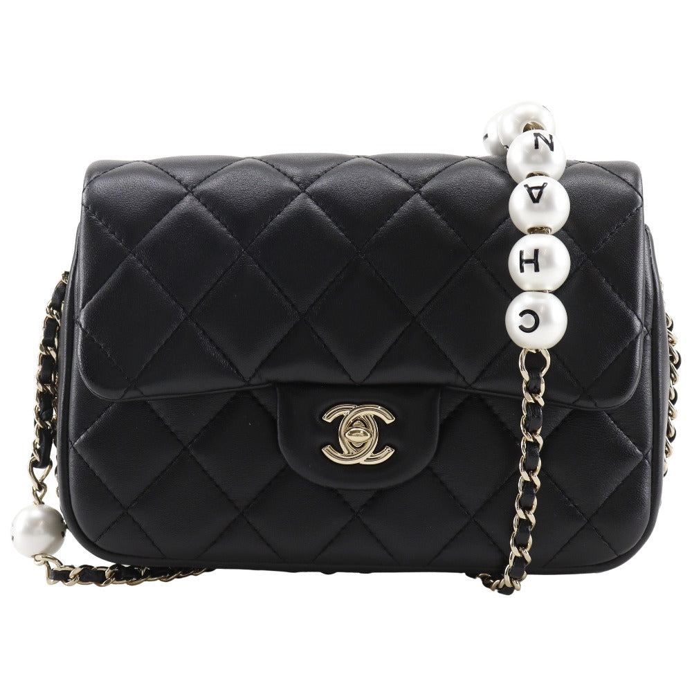 Chanel lambskin Matrasse Pearl ChainShoulder Black Shoulder Bag