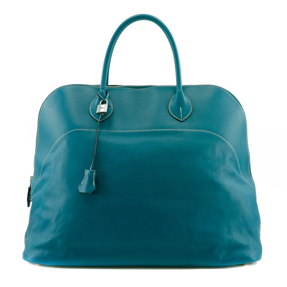 Hermes Boston Duffel Bag Sikkim Turquoise Bolide Relax Unisex Metal Silver Travel Bag
