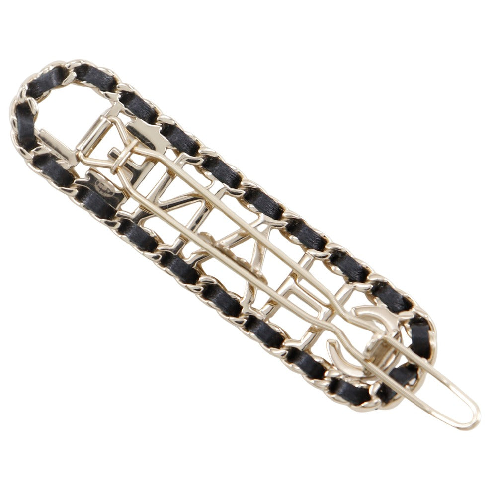 Chanel Valletta Plated Barrette logo Black Gold Leather Handbag