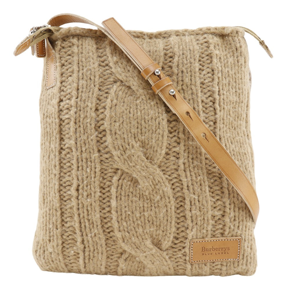 Burberry Label Shoulder Bag Wool Knit Women Beige Blue