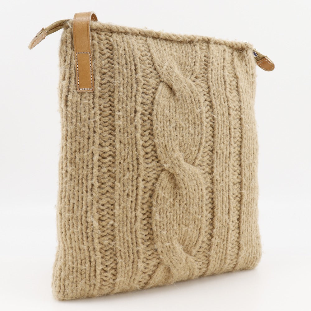 Burberry Label Shoulder Bag Wool Knit Women Beige Blue