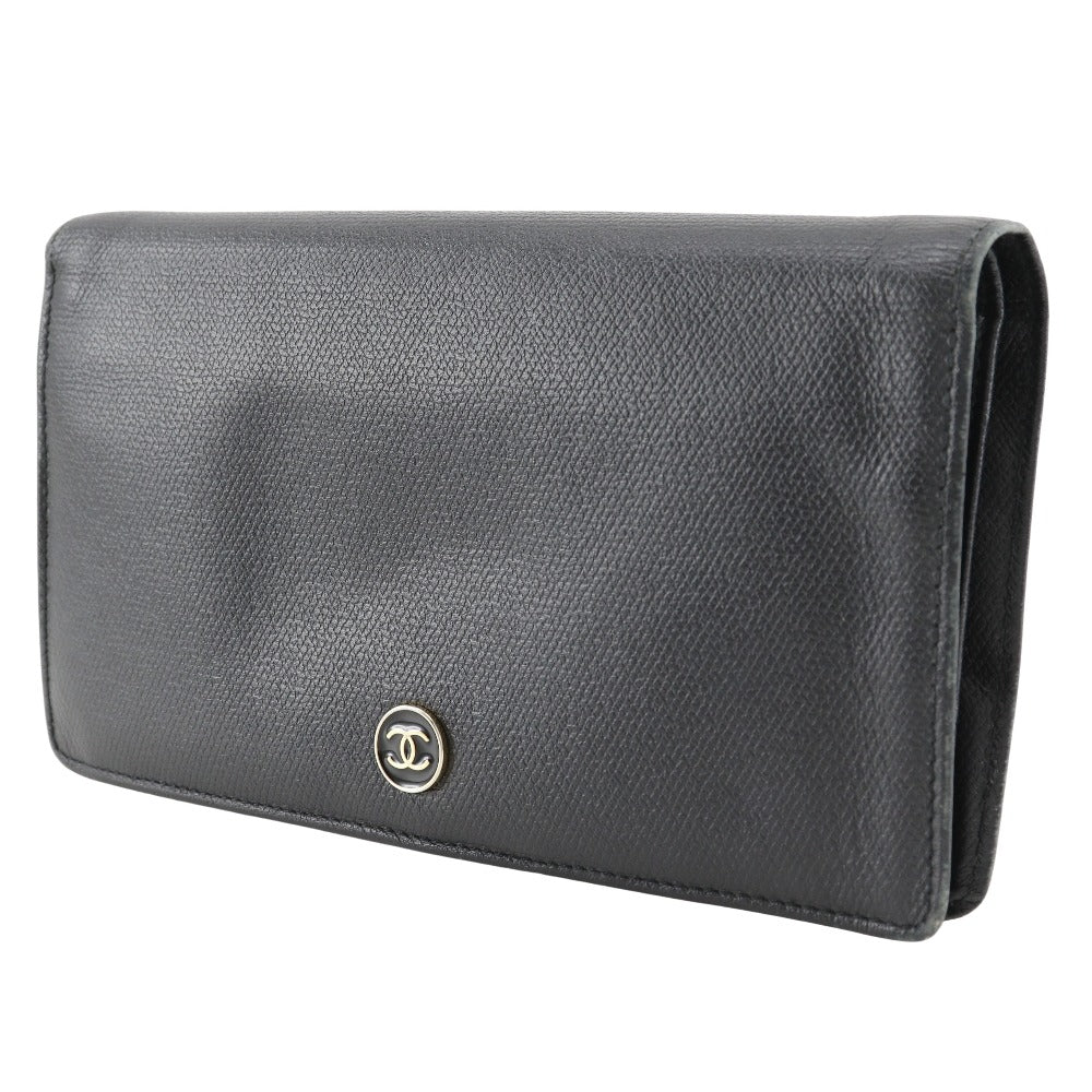 CHANEL Long Wallet Purse A20904 leather black COCO Button Women