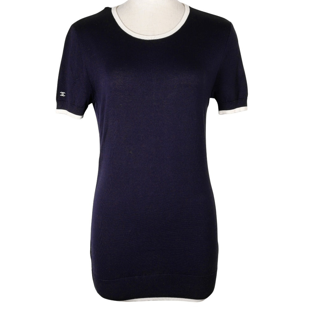 Chanel knit cotton Navy 96P Short sleeve Blue Handbag